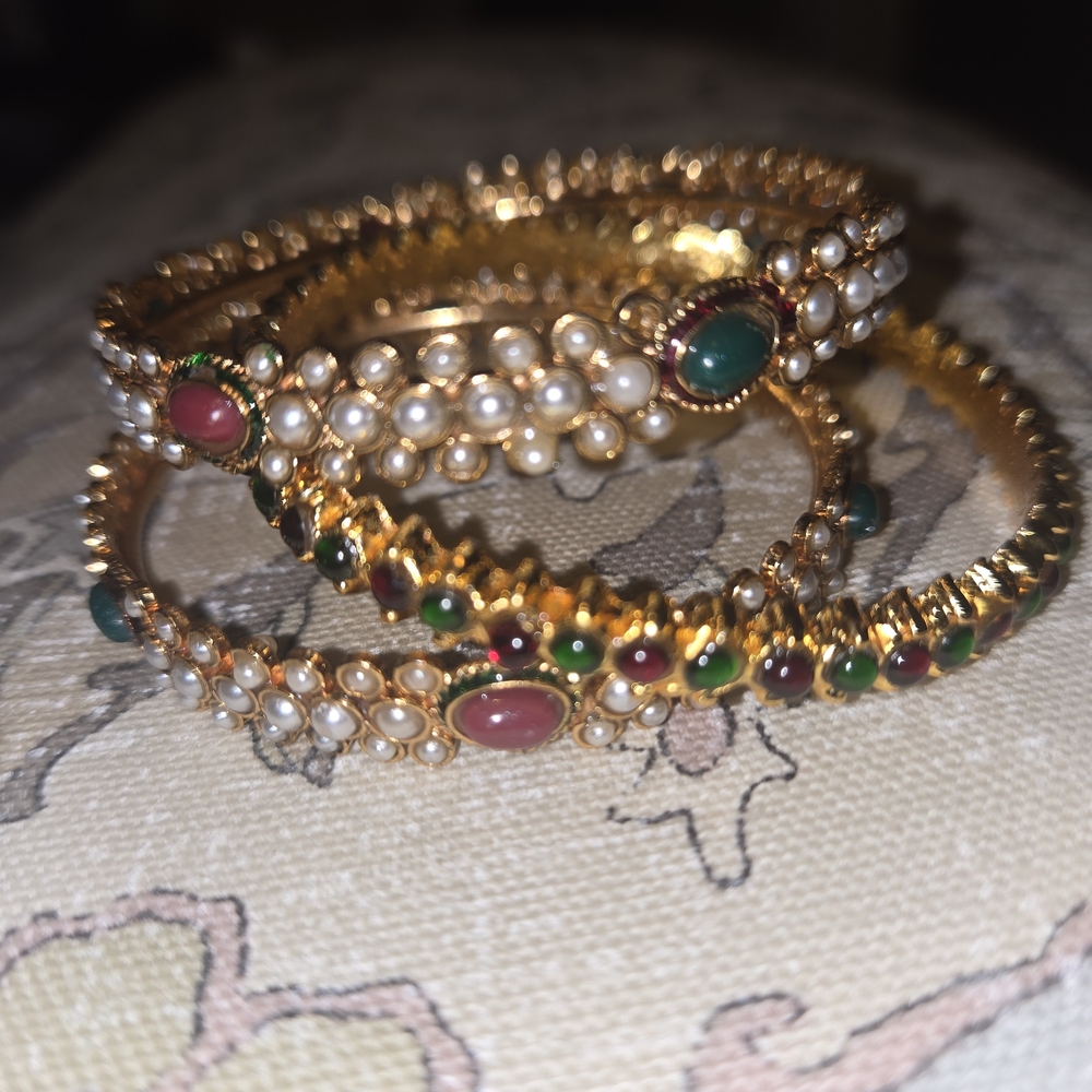 Gold Pearl and Gemstone Women's Bangle Bracelet - Green & Pink